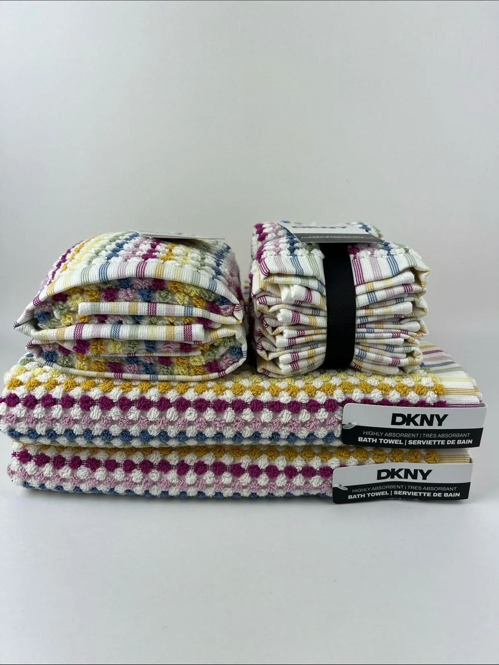 DKNY Bath Towel Set Multicolor Striped & Dot Bath Hand Wash Soft Cotton 8 Pc NEW